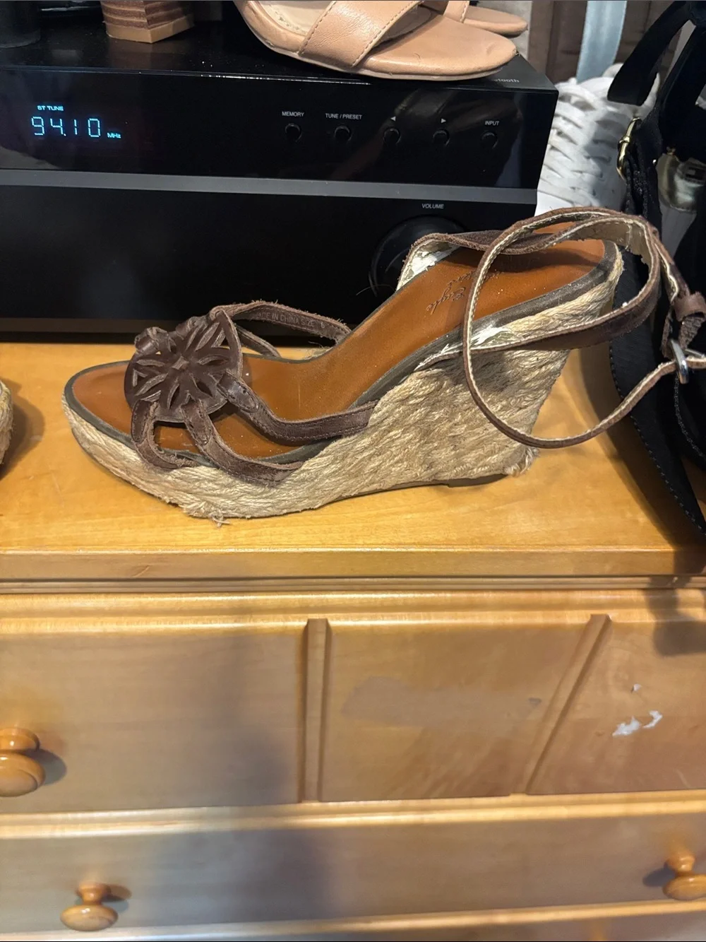 American Eagle Brown Floral Leather Espadrille Wedges